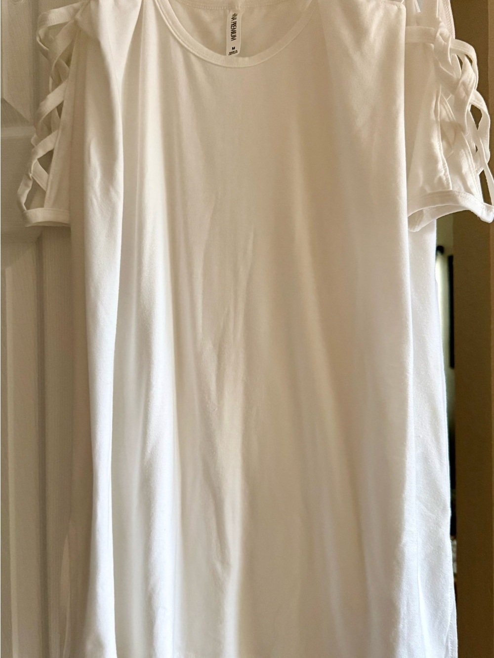 Zenana Women’s White Short Sleeve Tee with Ladder Shoulder Detail . Long back